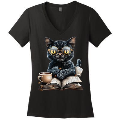 Cat With Glasses Coffee Book Lover Women's V-Neck T-Shirt
