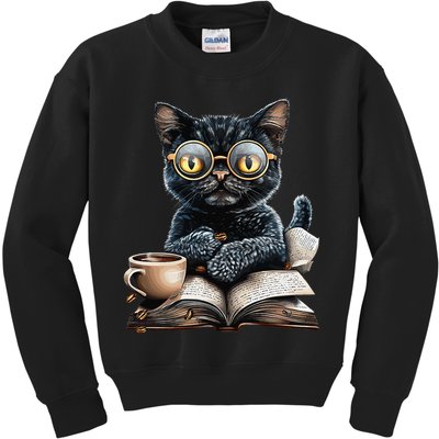 Cat With Glasses Coffee Book Lover Kids Sweatshirt