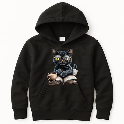 Cat With Glasses Coffee Book Lover Kids Hoodie