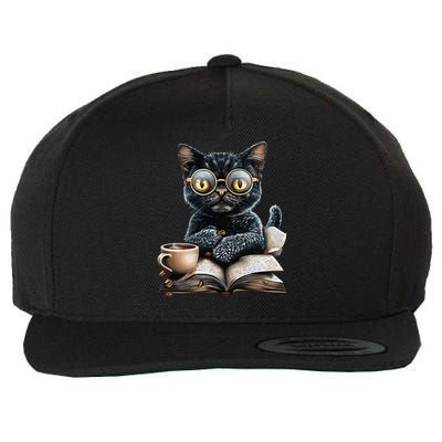 Cat With Glasses Coffee Book Lover Wool Snapback Cap