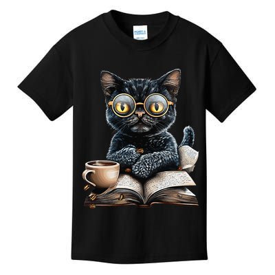 Cat With Glasses Coffee Book Lover Kids T-Shirt
