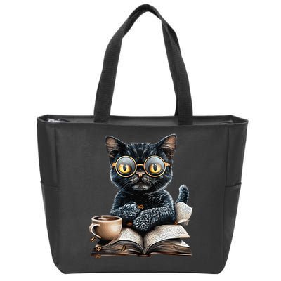 Cat With Glasses Coffee Book Lover Zip Tote Bag