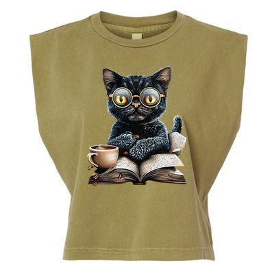 Cat With Glasses Coffee Book Lover Garment-Dyed Women's Muscle Tee