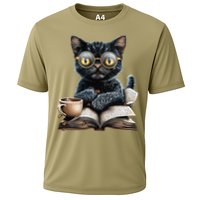 Cat With Glasses Coffee Book Lover Cooling Performance Crew T-Shirt