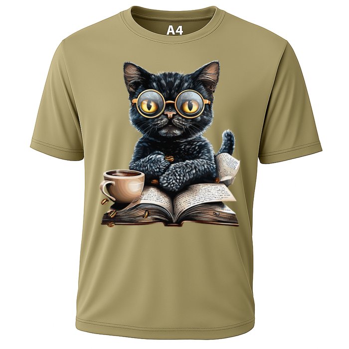 Cat With Glasses Coffee Book Lover Cooling Performance Crew T-Shirt
