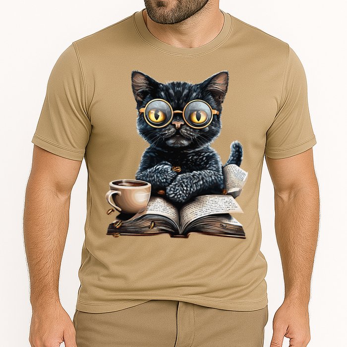 Cat With Glasses Coffee Book Lover Cooling Performance Crew T-Shirt