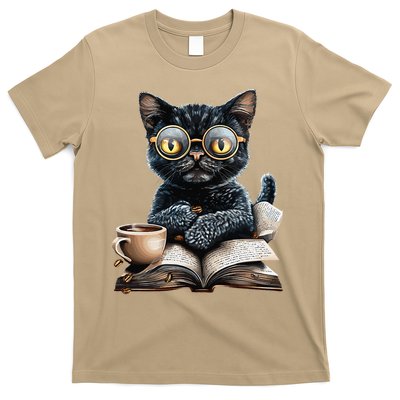 Cat With Glasses Coffee Book Lover T-Shirt