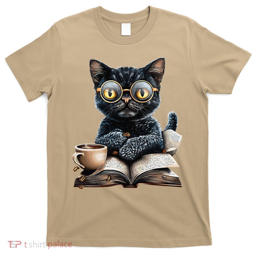 Cat With Glasses Coffee Book Lover T-Shirt