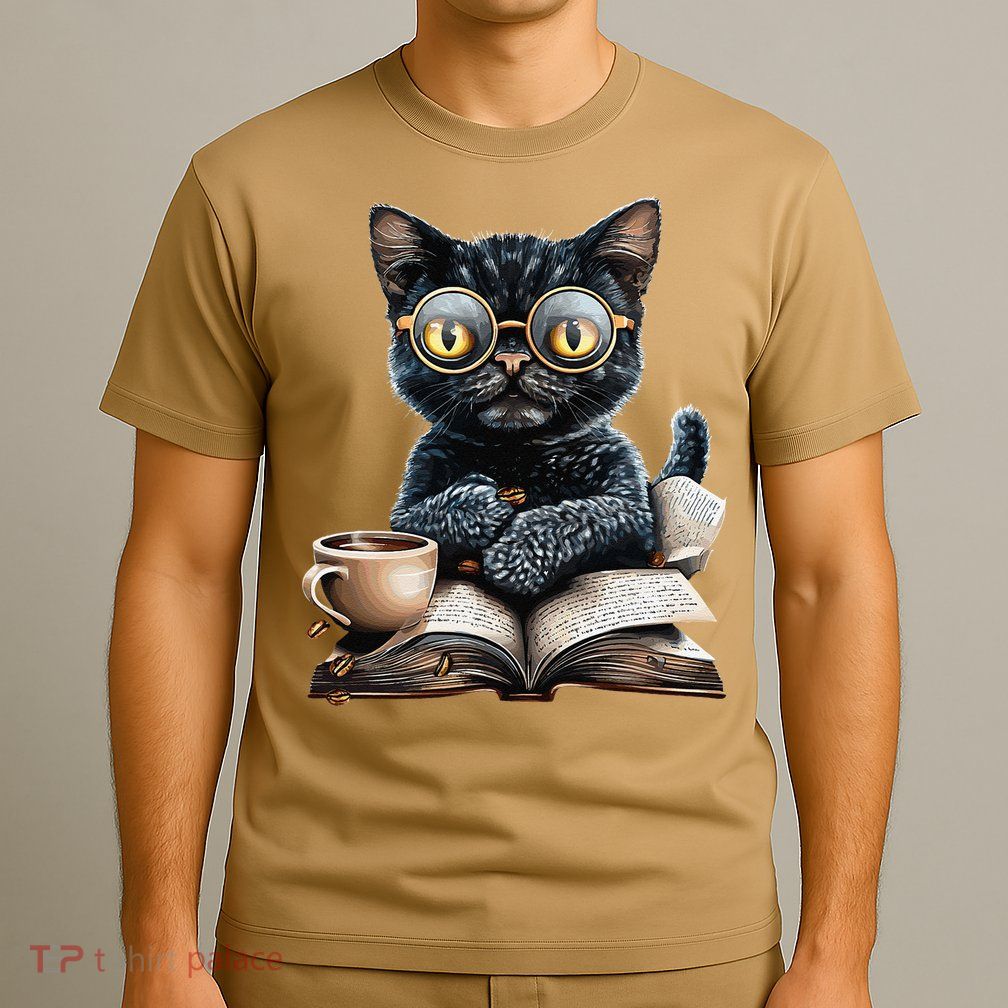 Cat With Glasses Coffee Book Lover T-Shirt