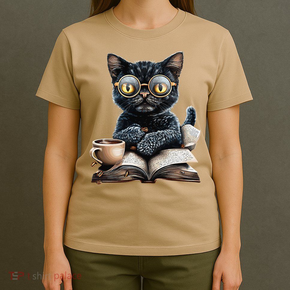 Cat With Glasses Coffee Book Lover T-Shirt