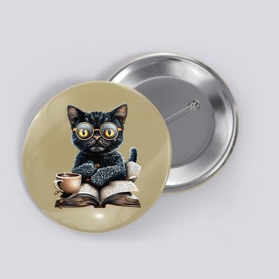 Cat With Glasses Coffee Book Lover Button