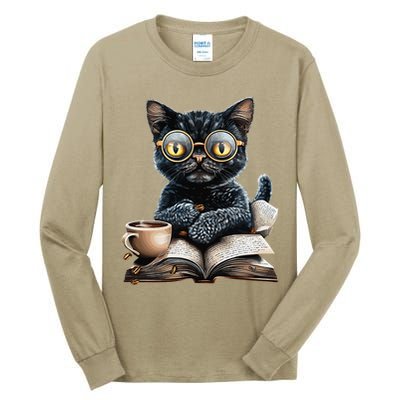 Cat With Glasses Coffee Book Lover Tall Long Sleeve T-Shirt