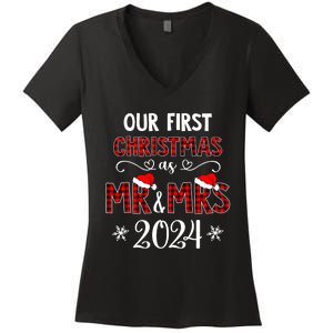 Couple Wife Husband Xmas Our First Christmas As Mr Mrs 2024 Women's V-Neck T-Shirt