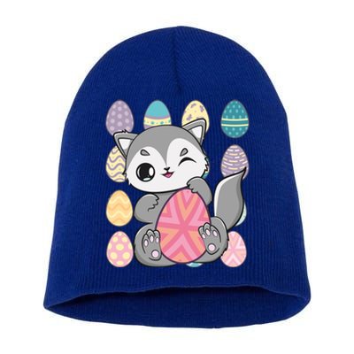 Cute Wolf Hunts Eggs For Easter Day Gift Short Acrylic Beanie