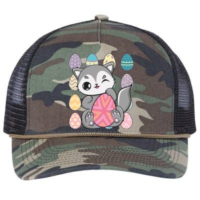 Cute Wolf Hunts Eggs For Easter Day Gift Retro Rope Trucker Hat Cap