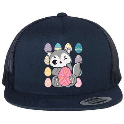 Cute Wolf Hunts Eggs For Easter Day Gift Flat Bill Trucker Hat