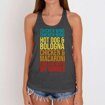 Chicken Wing Hot Dog Macaroni and Chilin With My Homies Women's Knotted Racerback Tank