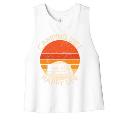 Camping Wife Happy Life Camping Site Outdoor Nature Camper Gift Women's Racerback Cropped Tank