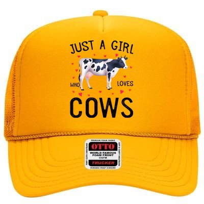 Cow With Hearts Graphic Just A Girl Who Loves Cows Gift High Crown Mesh Back Trucker Hat