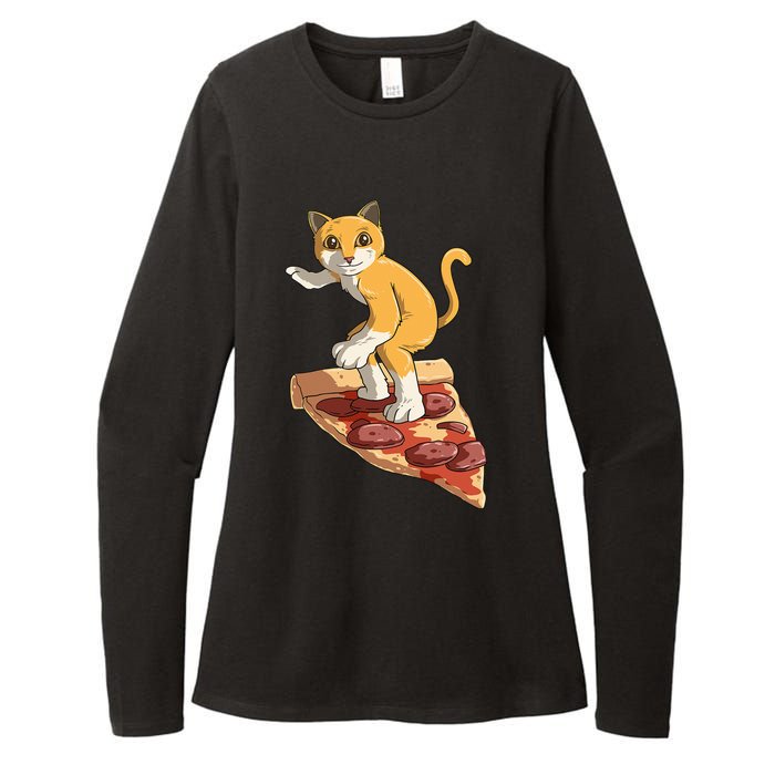 Cat Wearing Helmet Surfing On Pizza Surfboard Womens CVC Long Sleeve Shirt