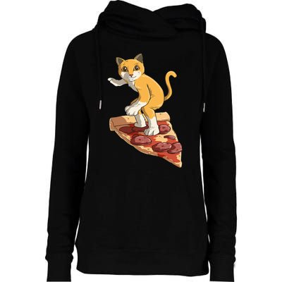 Cat Wearing Helmet Surfing On Pizza Surfboard Womens Funnel Neck Pullover Hood