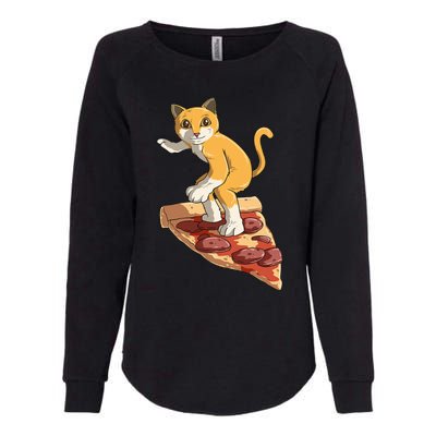 Cat Wearing Helmet Surfing On Pizza Surfboard Womens California Wash Sweatshirt