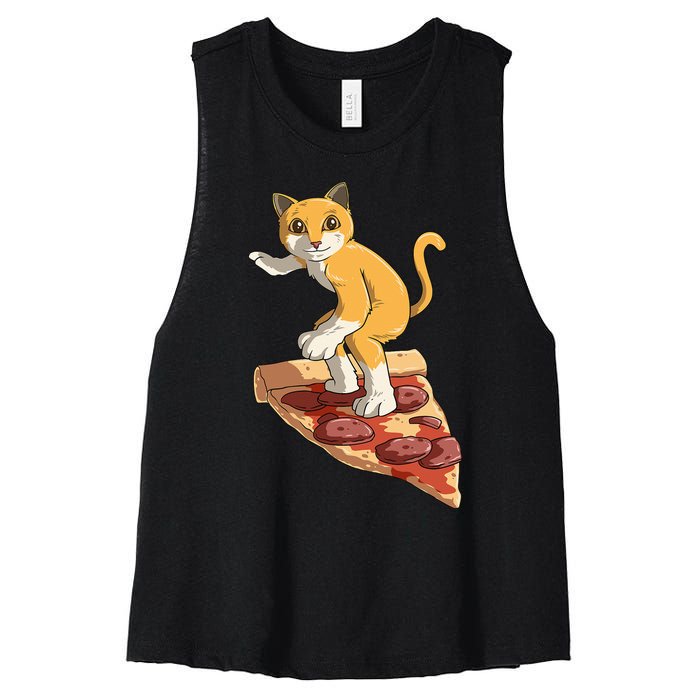 Cat Wearing Helmet Surfing On Pizza Surfboard Women's Racerback Cropped Tank