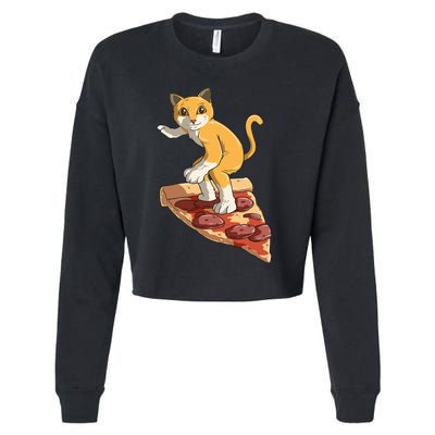 Cat Wearing Helmet Surfing On Pizza Surfboard Cropped Pullover Crew