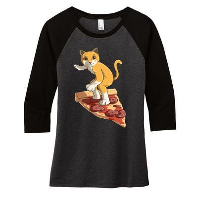 Cat Wearing Helmet Surfing On Pizza Surfboard Women's Tri-Blend 3/4-Sleeve Raglan Shirt