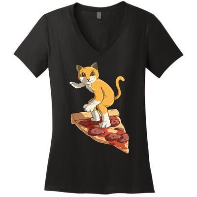 Cat Wearing Helmet Surfing On Pizza Surfboard Women's V-Neck T-Shirt