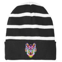 colorful wolf head art Face gifts for lover wolves wildlife Striped Beanie with Solid Band