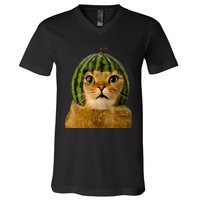 Cat Watermelon Helmet Daddy Mommy Boy Girl Funny V-Neck T-Shirt