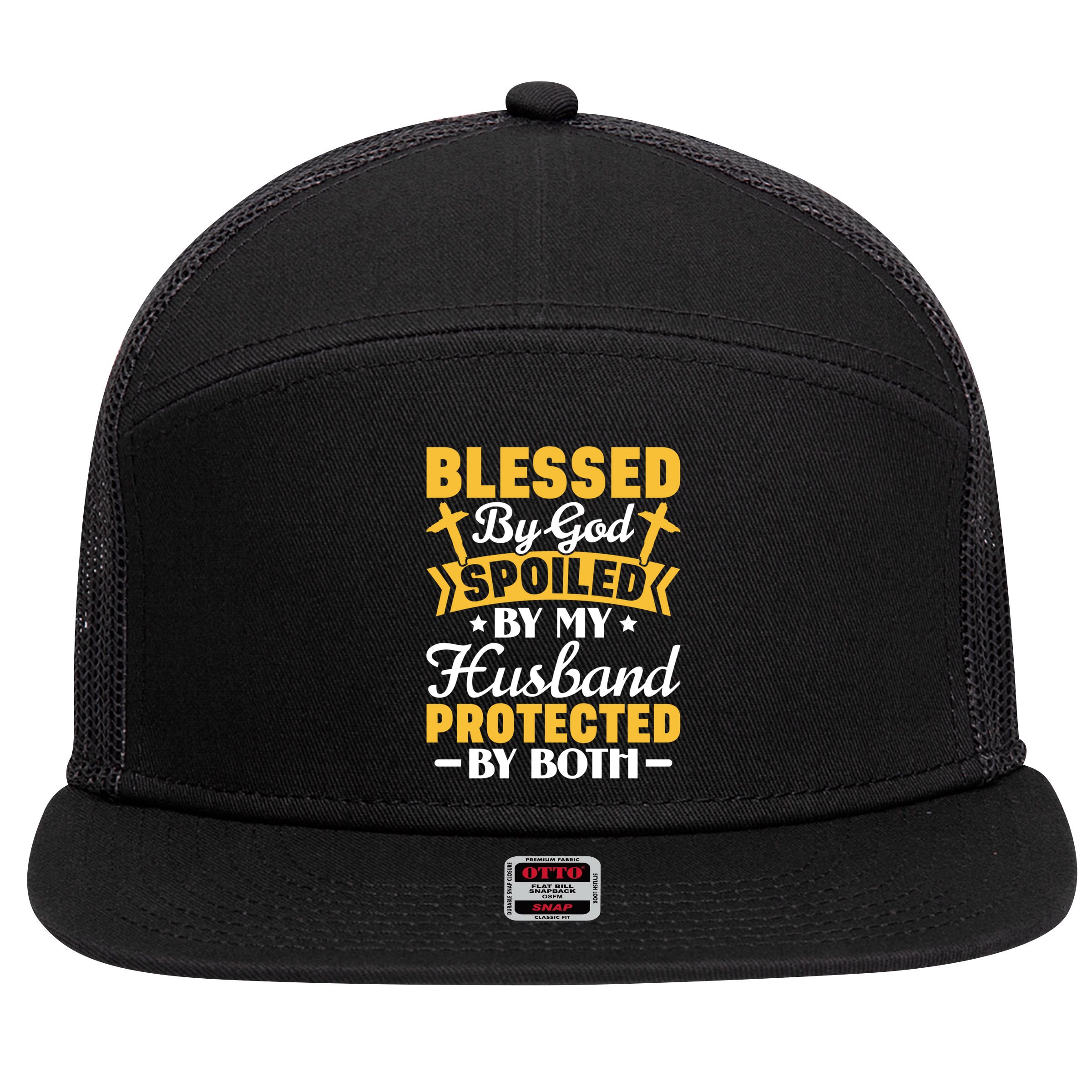 Christian Wife Jesus Blessed By God Spoiled By My Husband Gift 7 Panel Mesh Trucker Snapback Hat