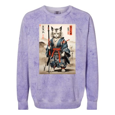 Cat Warrior Japanese Woodblock Colorblast Crewneck Sweatshirt