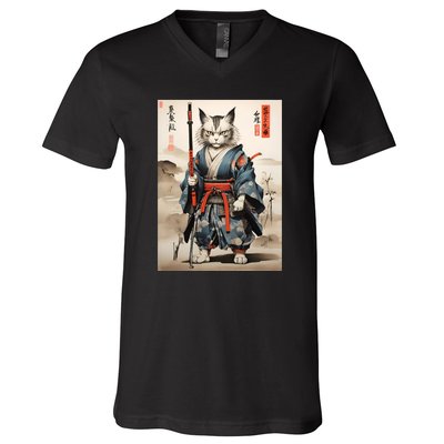 Cat Warrior Japanese Woodblock V-Neck T-Shirt