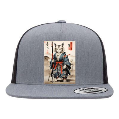 Cat Warrior Japanese Woodblock Flat Bill Trucker Hat