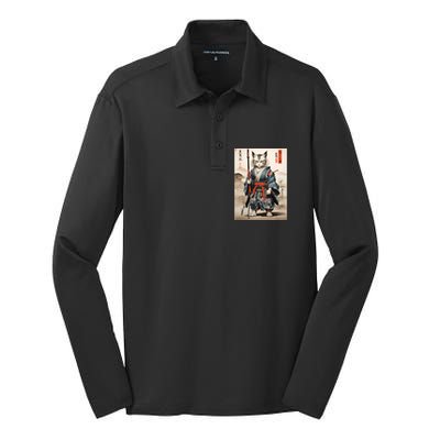 Cat Warrior Japanese Woodblock Silk Touch Performance Long Sleeve Polo