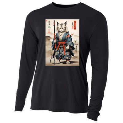 Cat Warrior Japanese Woodblock Cooling Performance Long Sleeve Crew