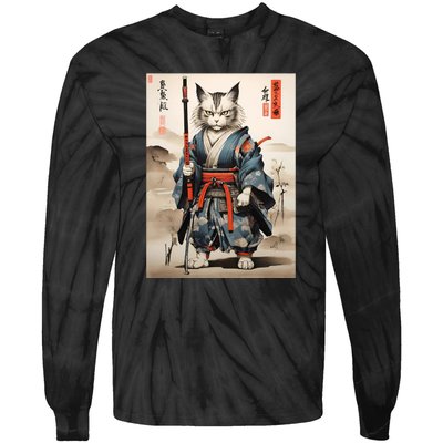 Cat Warrior Japanese Woodblock Tie-Dye Long Sleeve Shirt