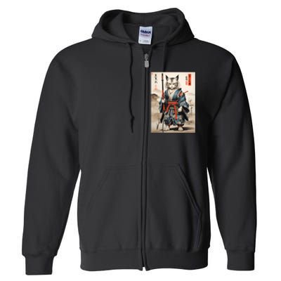 Cat Warrior Japanese Woodblock Full Zip Hoodie