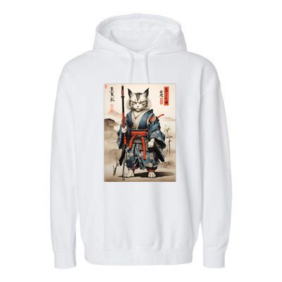 Cat Warrior Japanese Woodblock Garment-Dyed Fleece Hoodie