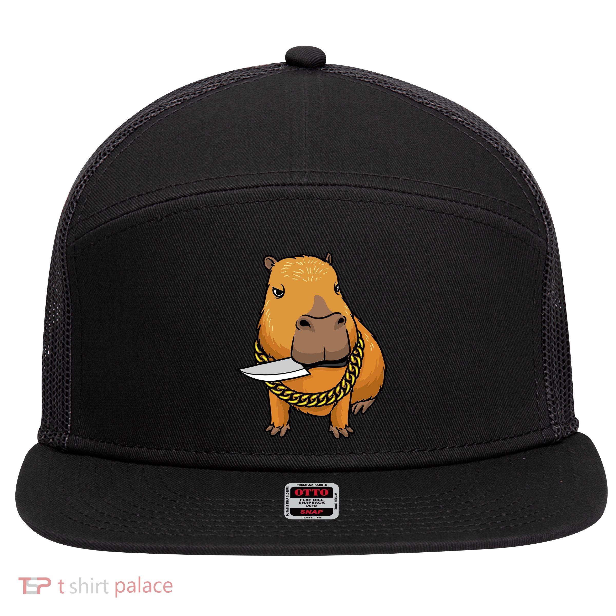 Capybara With Knife Funny Rodent 7 Panel Mesh Trucker Snapback Hat