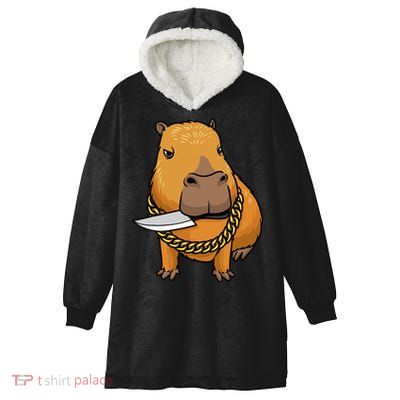 Capybara With Knife Funny Rodent Hooded Wearable Blanket