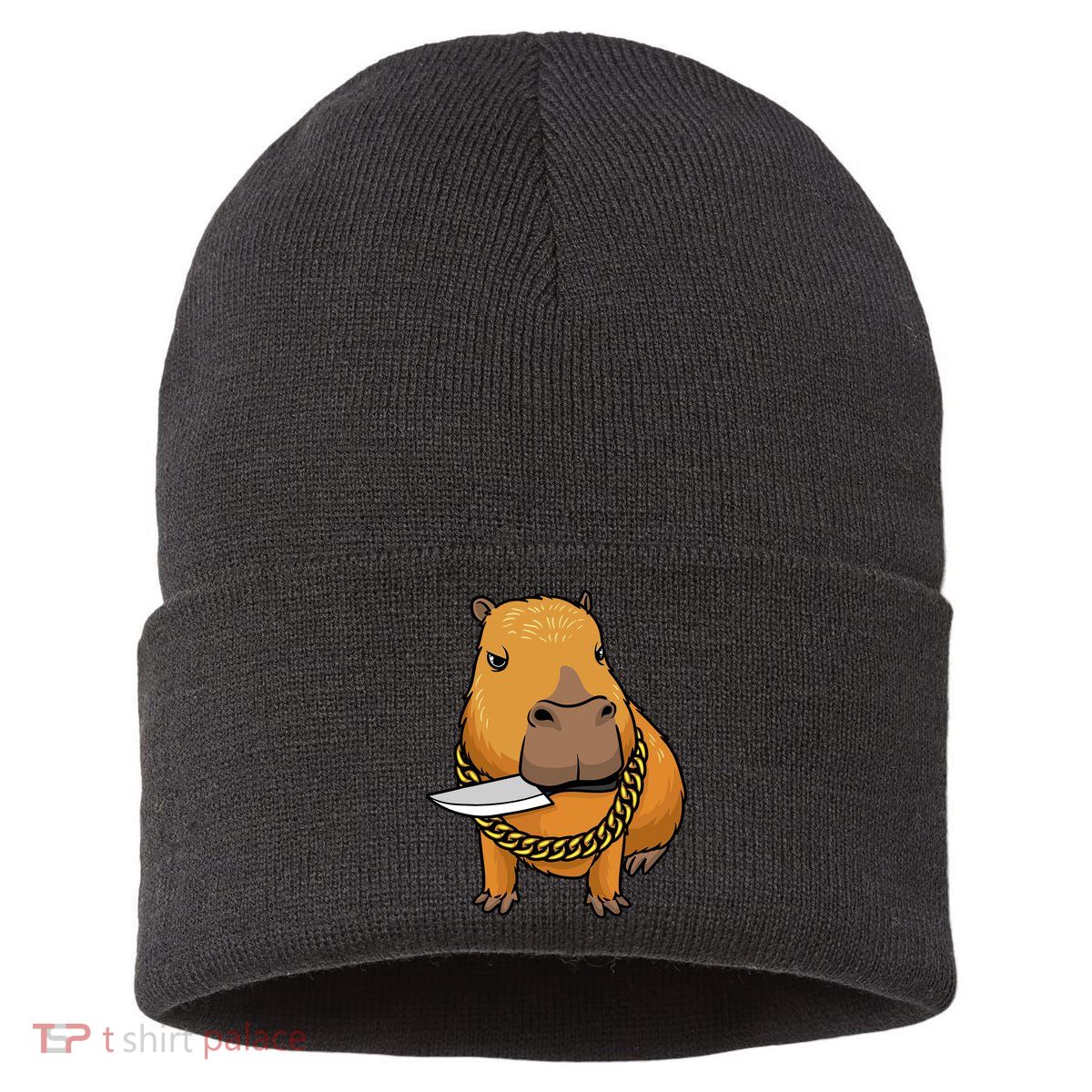 Capybara With Knife Funny Rodent Sustainable Knit Beanie