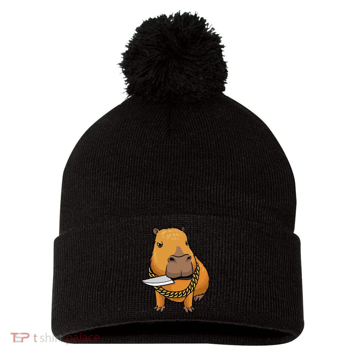 Capybara With Knife Funny Rodent Pom Pom 12in Knit Beanie