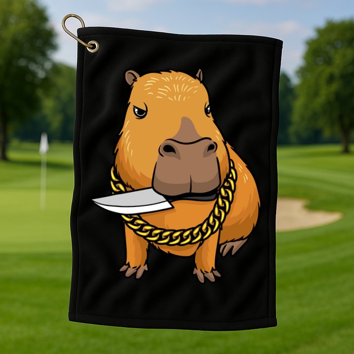 Capybara With Knife Funny Rodent Golf Towel