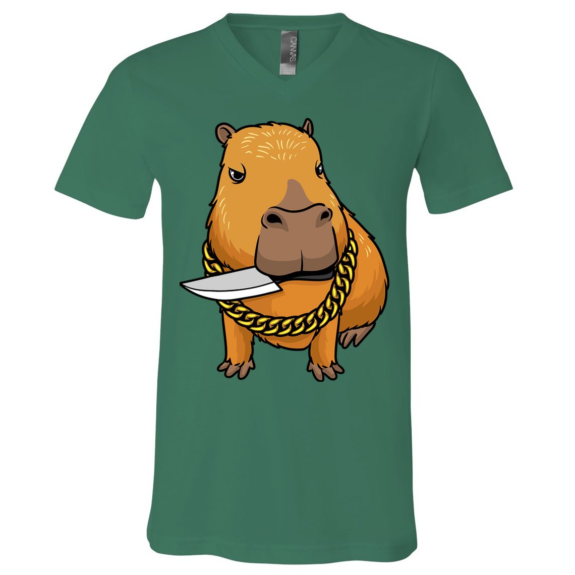 Capybara With Knife Funny Rodent V-Neck T-Shirt