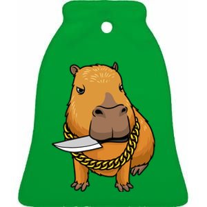 Capybara With Knife Funny Rodent Ceramic Bell Ornament