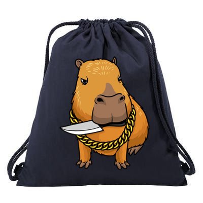 Capybara With Knife Funny Rodent Drawstring Bag