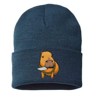 Capybara With Knife Funny Rodent Sustainable Knit Beanie